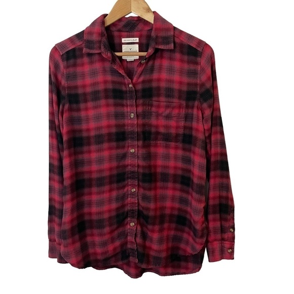 American Eagle Plaid Flannel Shirt Sm Red Boyfriend Fit Amazingly Soft Longline - Picture 1 of 12